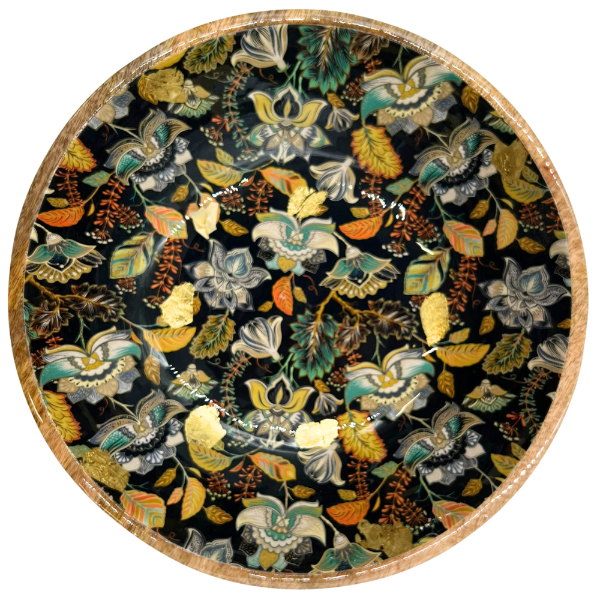 Large bowl. Fruit or salad bowl. Unique gift.  An elegant floral design in black features stunning accents of gold foil. Made from sustainable mango wood