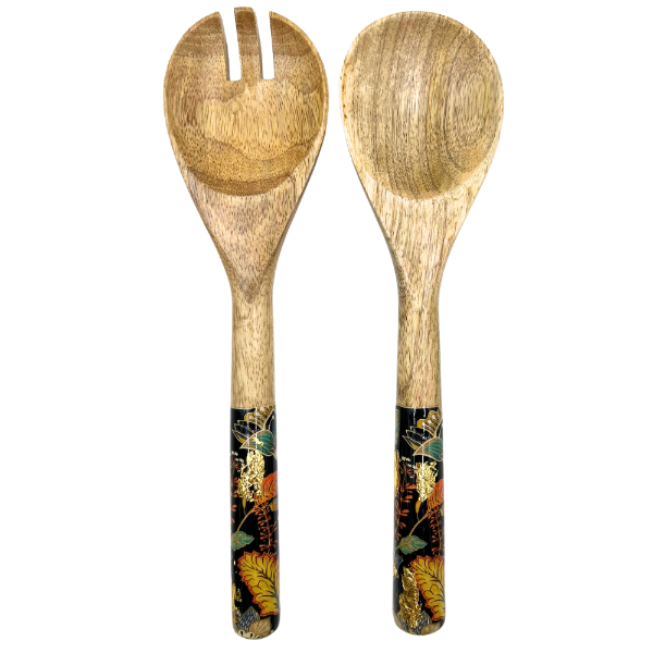 Matching salad Servers with decorated handles. An elegant floral design in black features stunning accents of gold foil. Made from sustainable mango wood