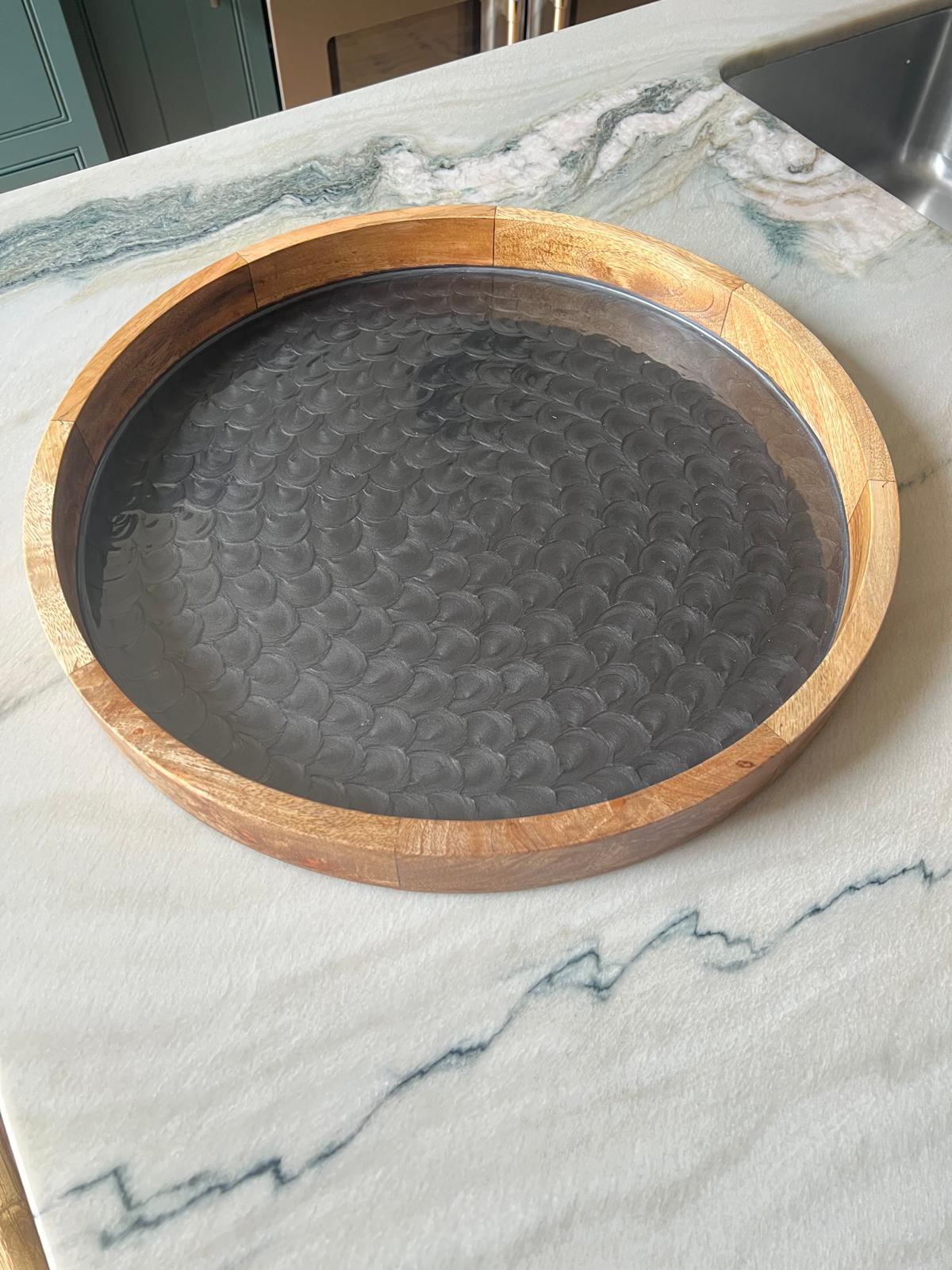 Large sized charcoal grey tray - hand painted with a fish scale appearance and pearl finish food safe enamel coating