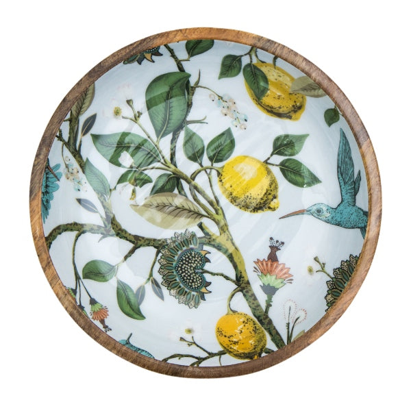 Large statement bowl (38cm diameter) featuring a lemon bird design.  Suitable for summer dining.  Hand-made from sustainable mango wood