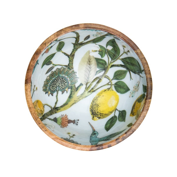 Medium bowl (25cm diameter) featuring a lemon bird design.  Suitable for summer dining.  Hand-made from sustainable mango wood