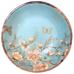 Large salad bowl (35cm diameter) with a decorated food safe enamel coating. Teal background and japanese style design incorporating magnolia and butterflies.  Matching salad spoon & fork with decorated handles.