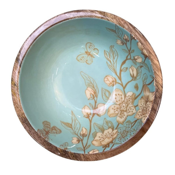 Wooden salad bowl with a japanese inspired floral inlay in teal and matching wooden salad servers utensils.  Medium size 25cm diameter