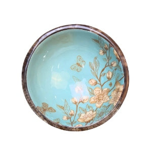 Small bowl (18cm diameter) with a decorated food safe enamel coating. Teal background and japanese style design incorporating magnolia and butterflies.  