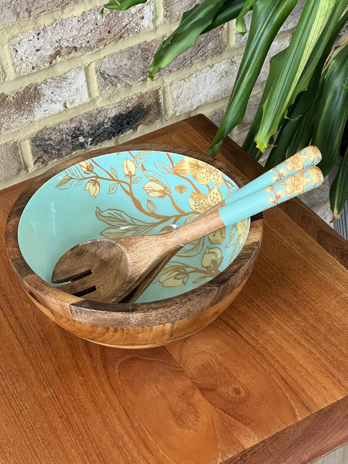 Wooden salad bowl with a japanese inspired floral inlay in teal and matching wooden salad servers utensils.  Medium size 25cm diameter