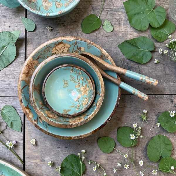 Set of 3 wooden salad bowls with a japanese style floral pattern in teal with a tea stain finish.  Made from sustainable wood.  3 sizes: small 18cm diameter, medium 25cm diamter, large 35cm diameter.  With matching salad spoon & fork with decorated handles