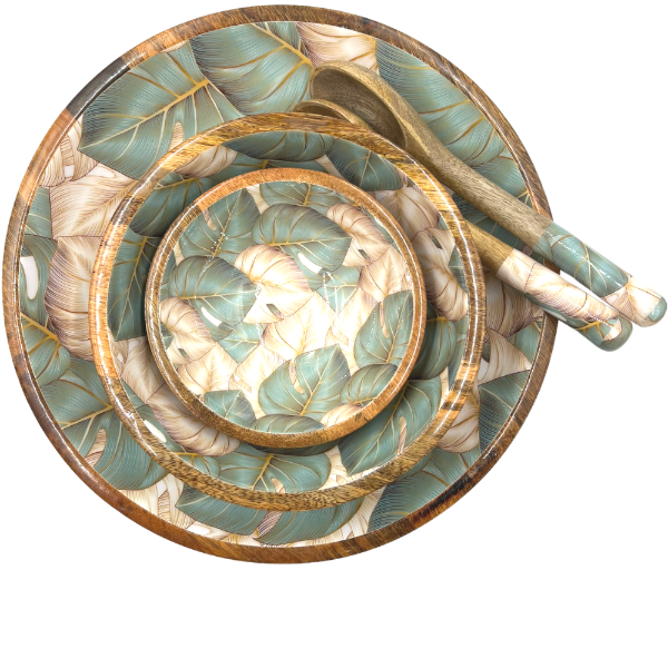 Small, Medium & large bowl with matching salad servers. This design features monstera aka cheese plant leaves in green and beige colours. Made from sustainable mango wood. 