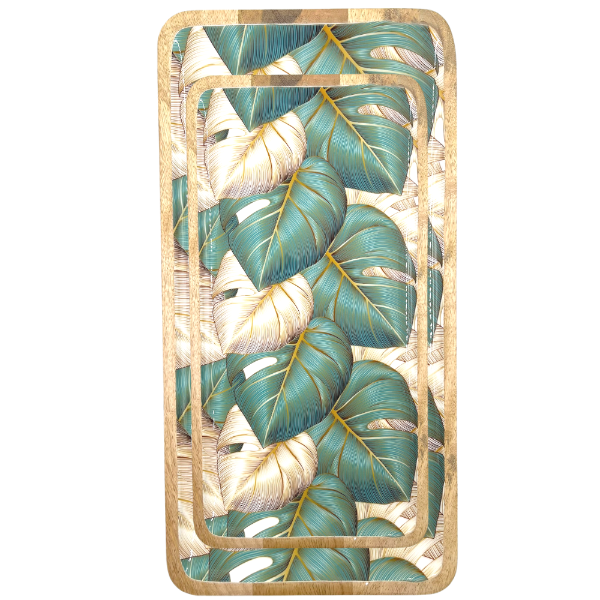 Medium and large platter - suitable for cold and warm food.  This beautiful design features monstera (aka cheese plant) leaves in green & golden beige; The ideal gift for anyone who loves house plants!!  Made from sustainable mango wood