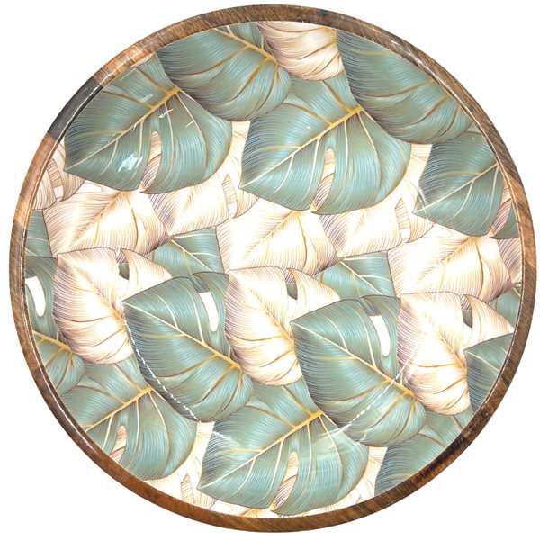 large statement bowl.  Monstera cheese plant design in blue / green and light beige.  Made from sustainable mango wood