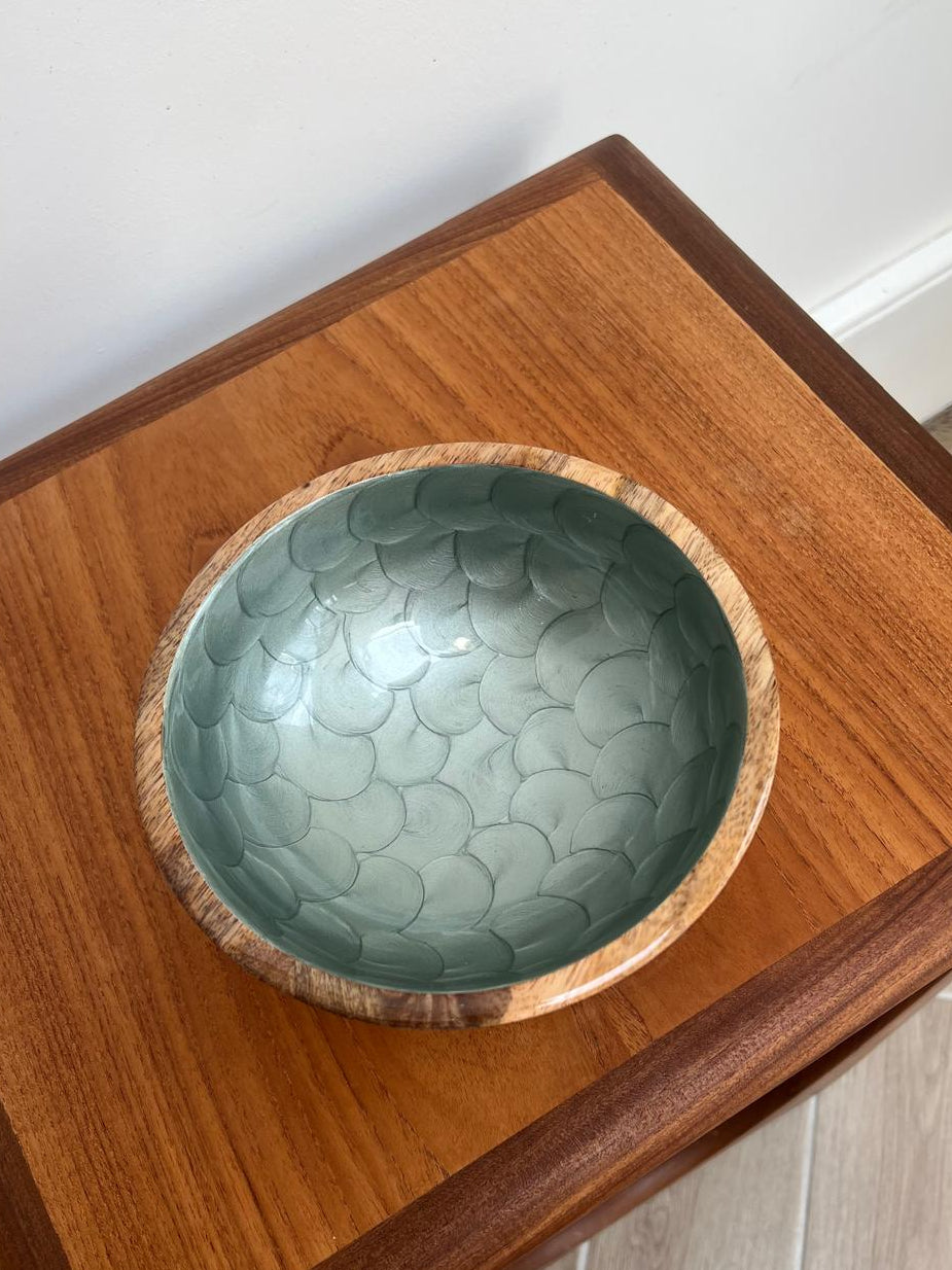 Small handpainted bowl made from mango wood.  Hand-painted with fishscale design and pearl finish in a sage green shade