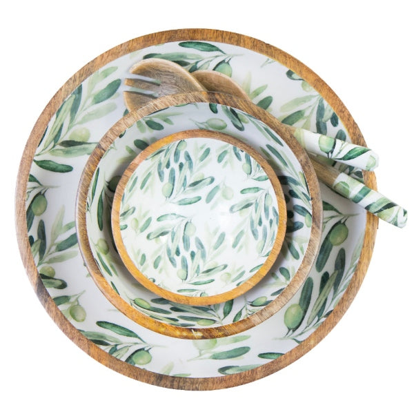 Small, medium and large set of bowls made from sustainable mango wood with a traditional olive leaf design