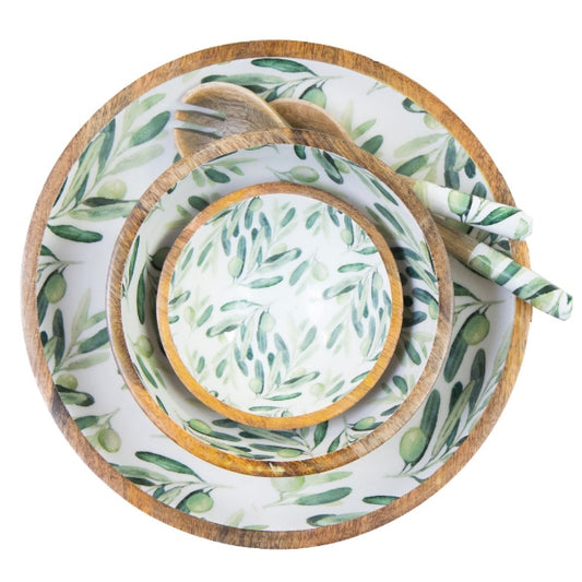Small, medium and large set of bowls made from sustainable mango wood with a traditional olive leaf design