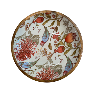 Medium sized bowl (25cm) with a William Morris inspired orange bird design. Made with sustainable mango wood. Suitable as a stylish fruit bowl or salad bowl with matching servers.