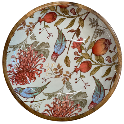 Large statement bowl (38cm) with a William Morris inspired orange bird design. Made with sustainable mango wood. Suitable as a fruit bowl or salad bowl.