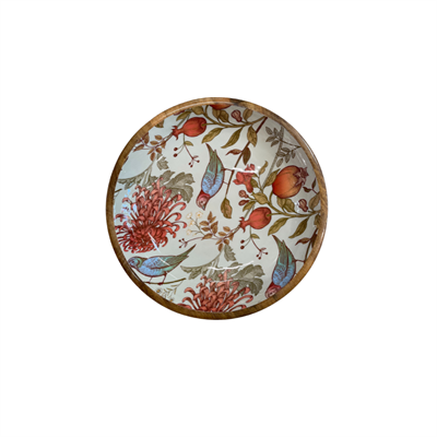 Small hand-crafted bowl (18cm) with a William Morris inspired orange bird design. Made with sustainable mango wood. Suitable for cold & warm food or as an individual decorative piece.