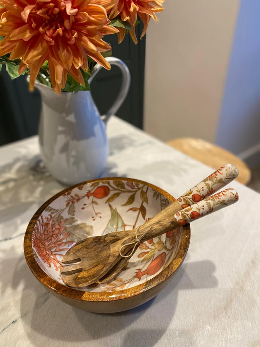 Medium bowl with matching salad servers.  Traditional william morris style design inspired by nature.  Orange and blue colours featuring birds and pomegranates. Made from sustainable mango wood.