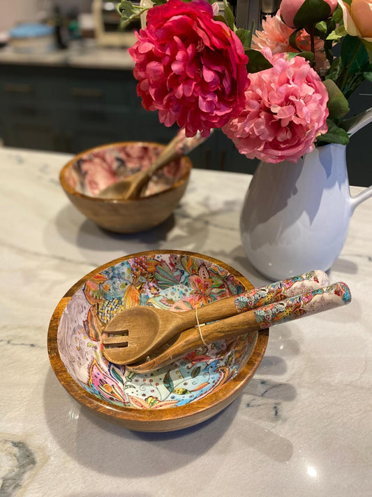 Medium bowl with matching salad servers.  Modern Multi-coloured flower design. Made from sustainable mango wood