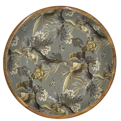 Large statement bowl (38cm) with a modern william morris inspired design. Made with sustainable mango wood. Suitable as a fruit bowl or salad bowl.