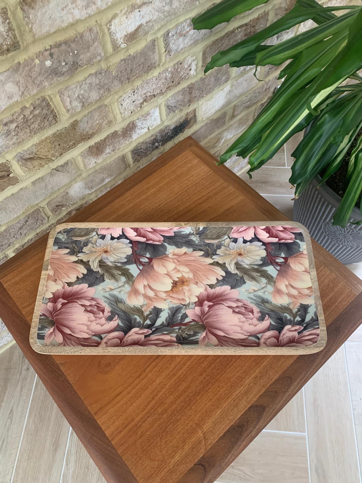 Medium and large platter - suitable for cold and warm food.  This design features unfurling peonies in dusty rose pink & cream hues.  Also featuring subtle tones of grey & green. Made from sustainable mango wood