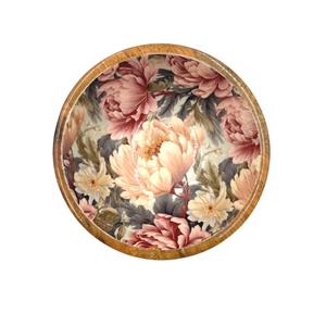 Small bowl.  This design features unfurling peonies in dusty rose pink & cream hues.  Also featuring subtle tones of grey & green. Made from sustainable mango wood