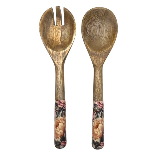 Matching salad servers made from sustainable mango wood. In dusty pink peonies design.  Unique gifts