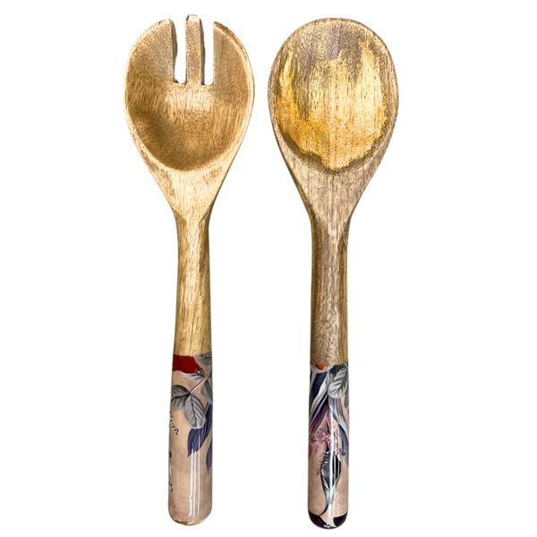 Matching salad servers - autumn leaves design. Made in sustainable mango wood