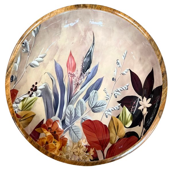 SALE. Large bowl in autumn leaves design.  38cm diameter.  made from sustainable mango wood. Suitable for cold and warm food