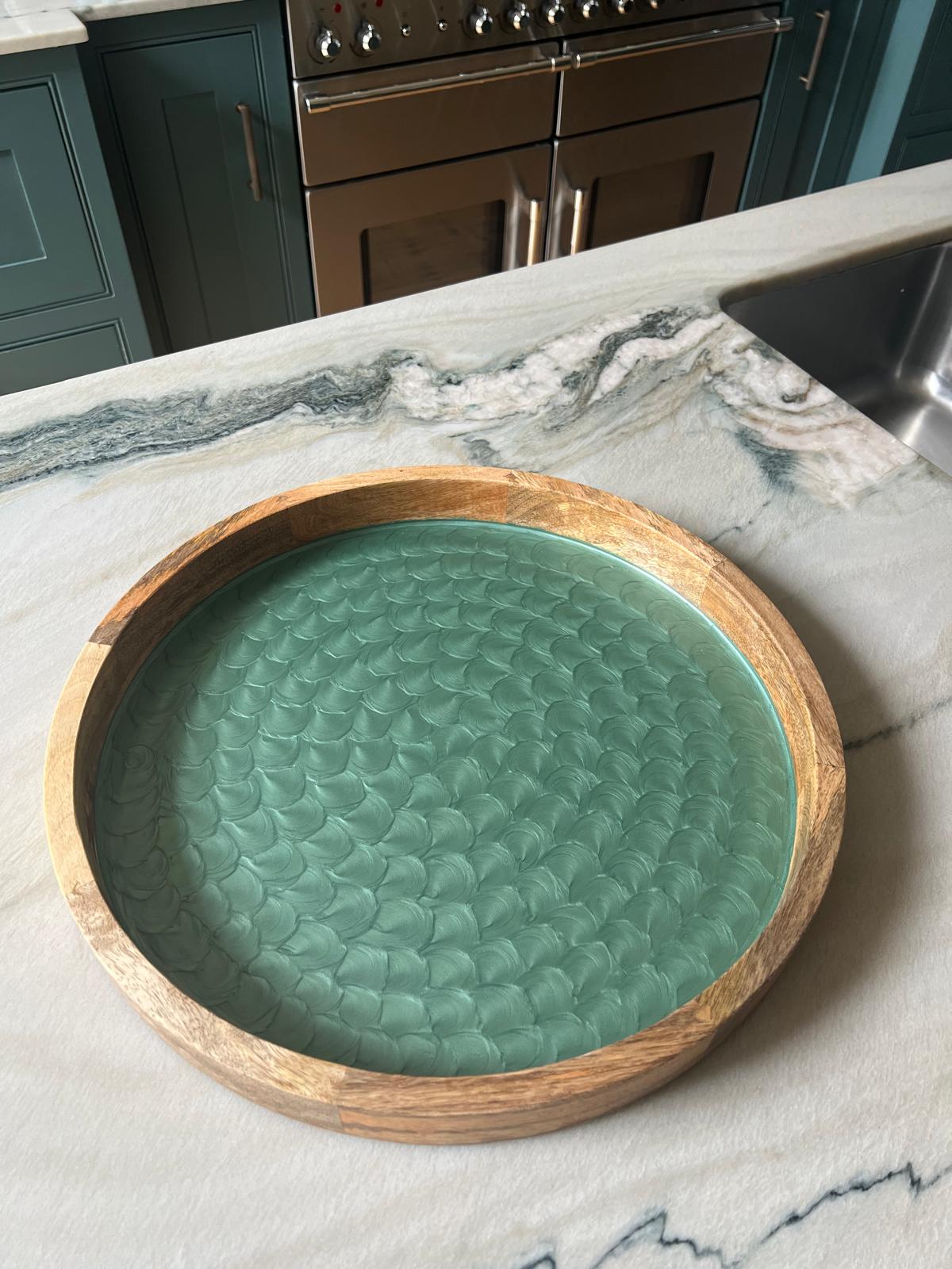 Medium sized turquoise tray - hand painted with a fish scale appearance and pearl finish food safe enamel coating