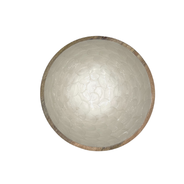 Small white bowl.  Hand painted and hand-crafted with a fish scale design and pearl finish.  Made from sustainable mango wood